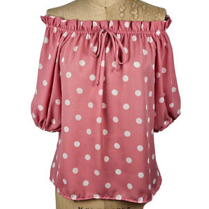 Top Vine & Love pink white polka dots off shoulder puffed sleeves blouse Medium